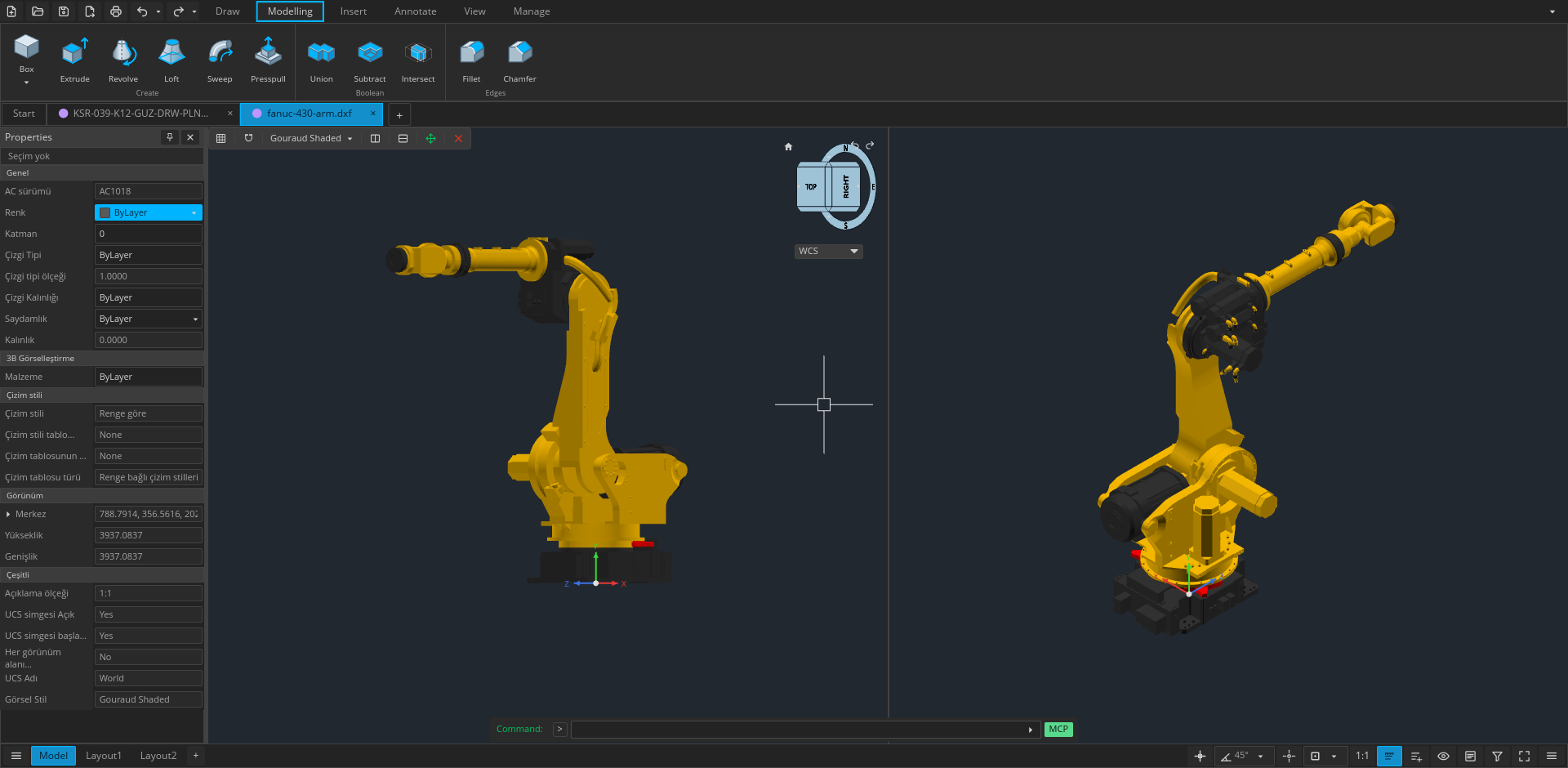 Mechaniczny model 3D w dwóch rzutniach Open CAD Studio